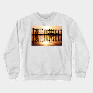 Silhouette of People on Long Wooden Bridge in Mandalay, Burma Crewneck Sweatshirt